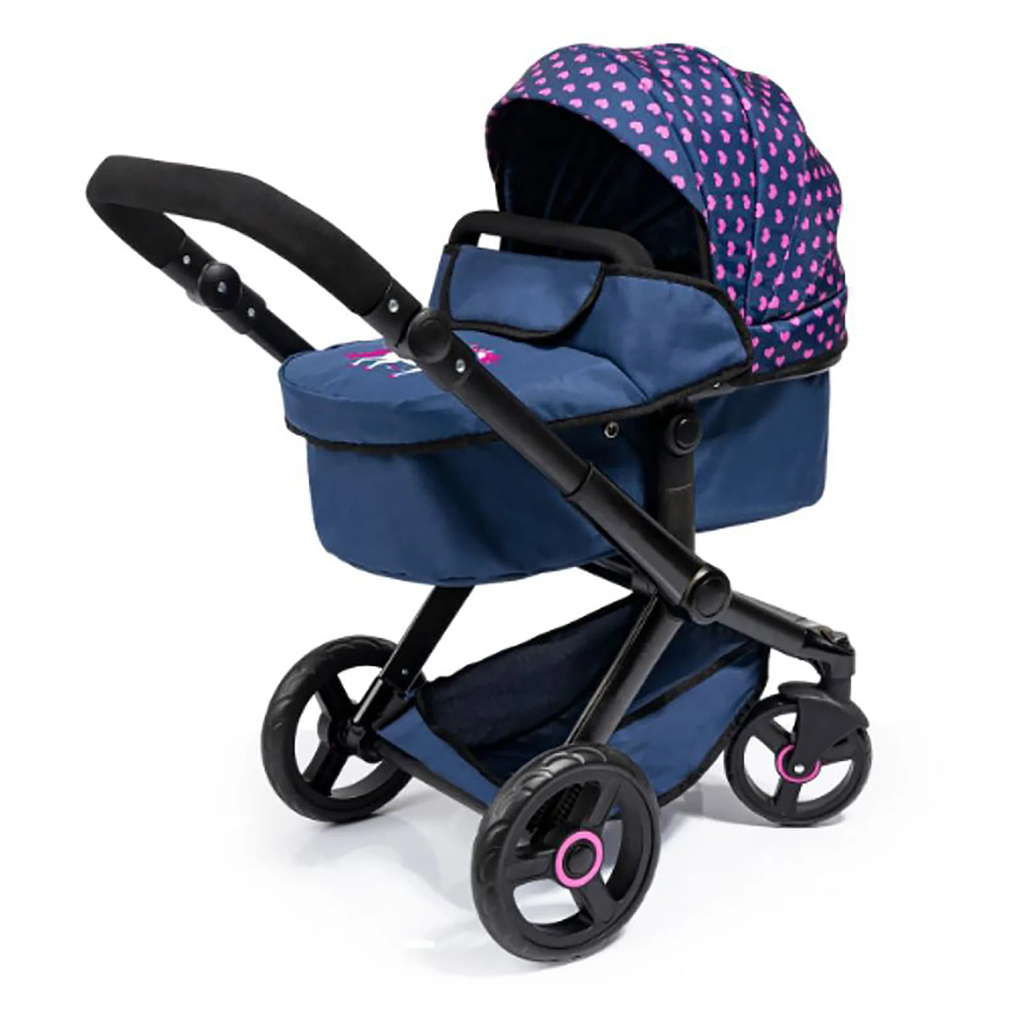 Bayer Xeo Compact Doll Pram, Dark Blue with Pink Heart Print - Image 3
