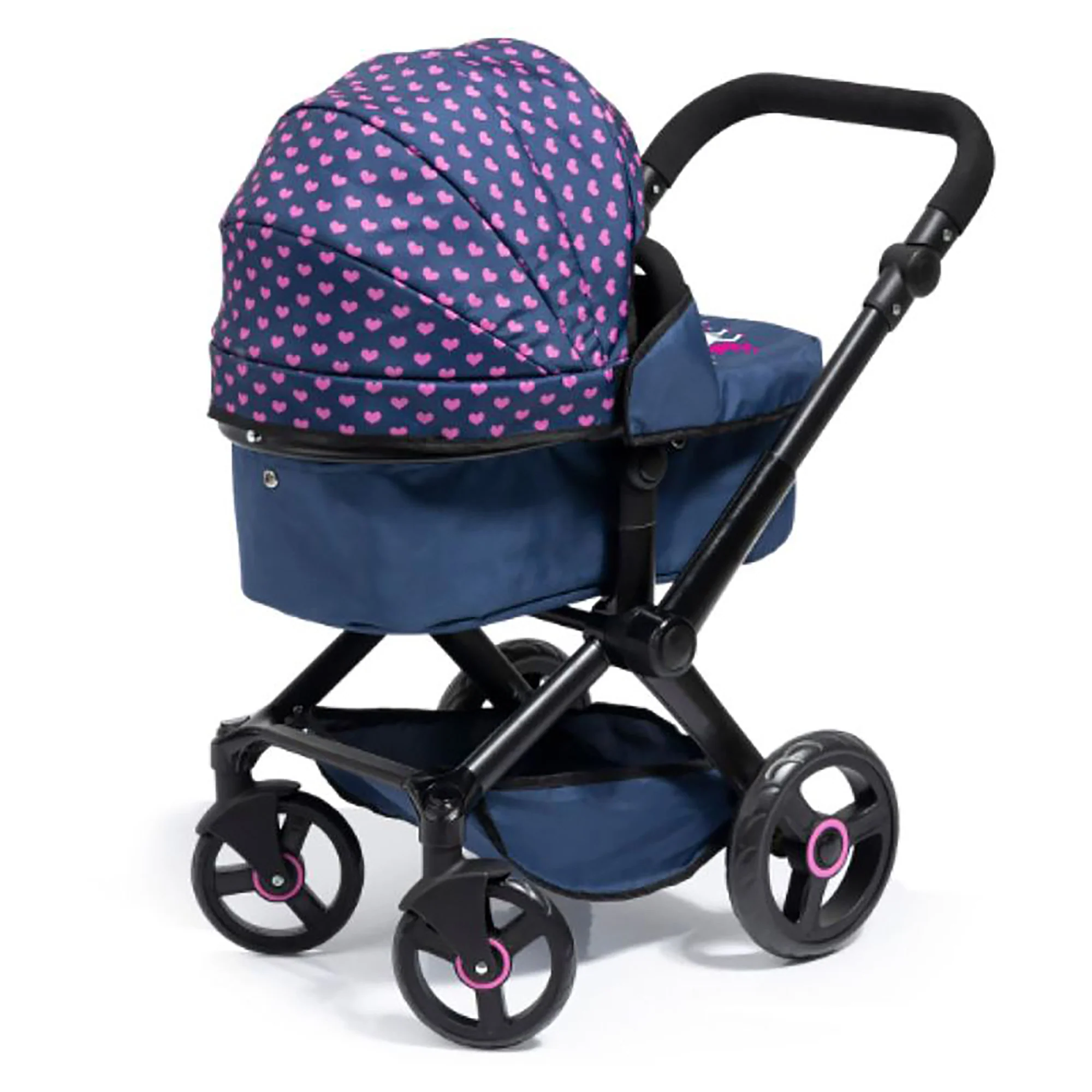 Bayer Xeo Compact Doll Pram, Dark Blue with Pink Heart Print - Image 4
