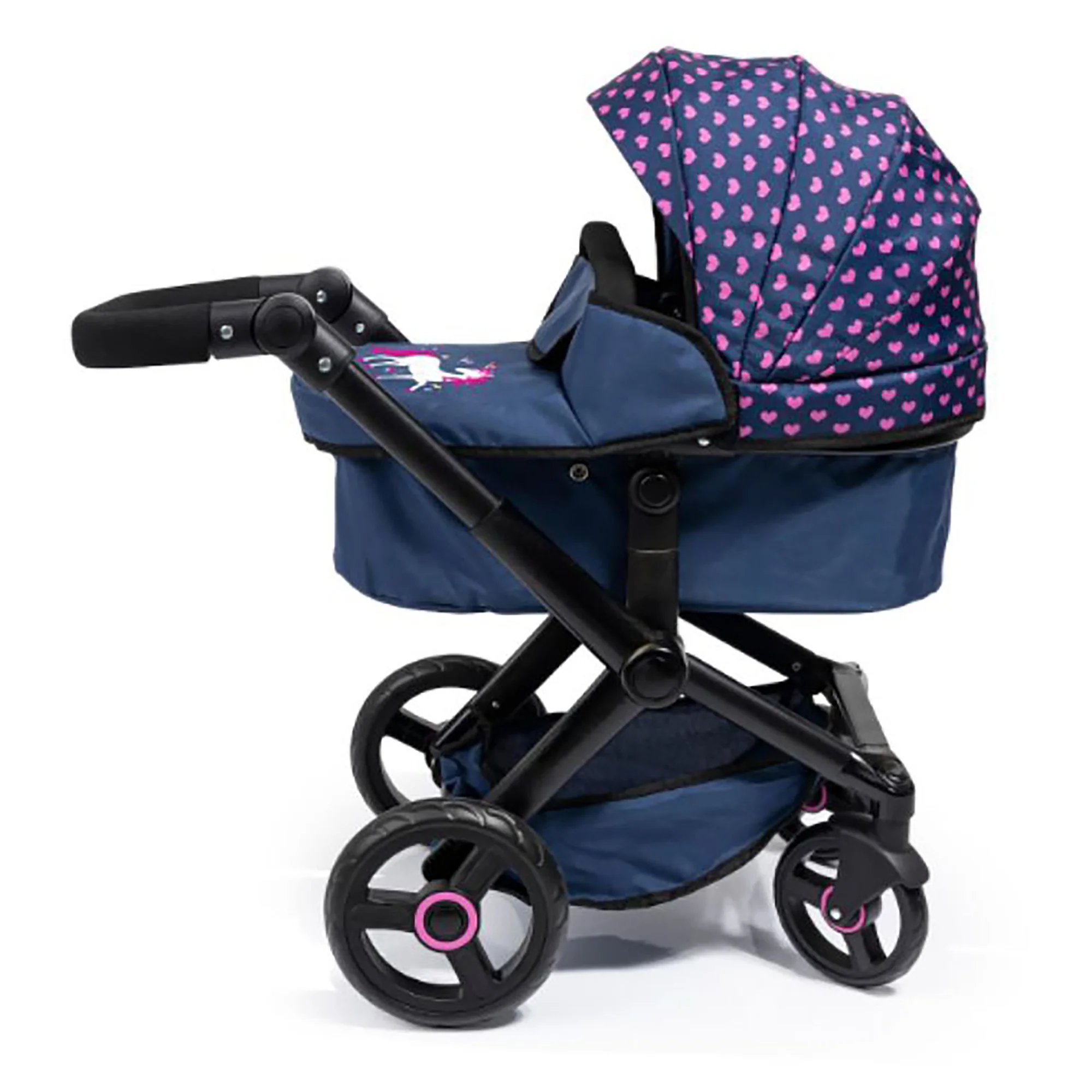Bayer Xeo Compact Doll Pram, Dark Blue with Pink Heart Print - Image 5